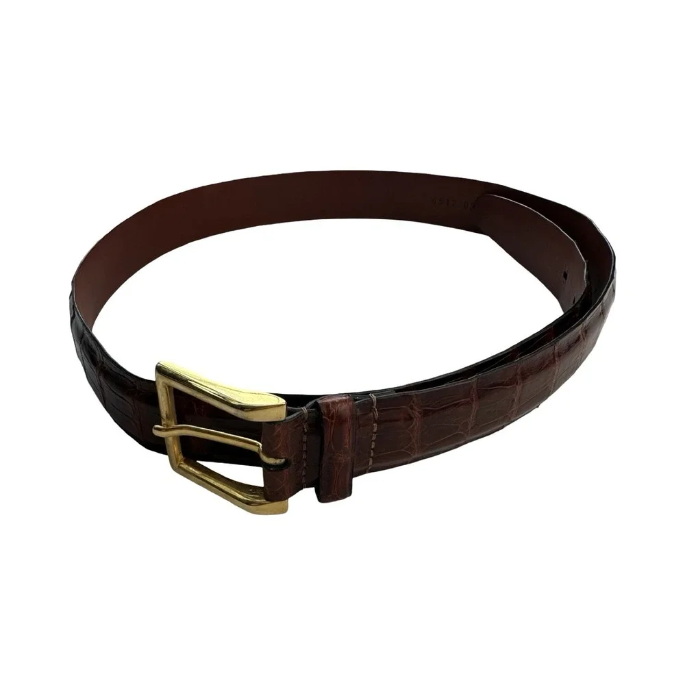 Bespoke Genuine Crocodile Rich Brown Mens Brass Buckle Belt Size 34 NWOT